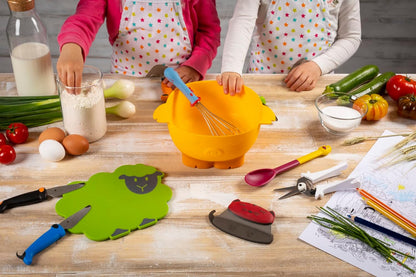 Kinderkitchen Kids Cutting Set, 2 Pieces, Green/Black/Red | Sheep Cutting Board & Cat Mezzaluna Knife With Blade Protector | Child-Friendly Cutting Tools for Real Cooking