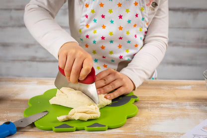 Kinderkitchen Kids Cutting Set, 2 Pieces, Green/Black/Red | Sheep Cutting Board & Cat Mezzaluna Knife With Blade Protector | Child-Friendly Cutting Tools for Real Cooking