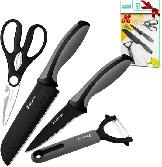 4-Pc Knife Set, 6 Inch Santoku Knife, 4 Inch Paring Knife, Kitchen Scissors, Y-Peeler, Anti-Rust Coating, Razor-Sharp, Stainless Steel Chef Knife Set, Perfect Gifts for Kitchen
