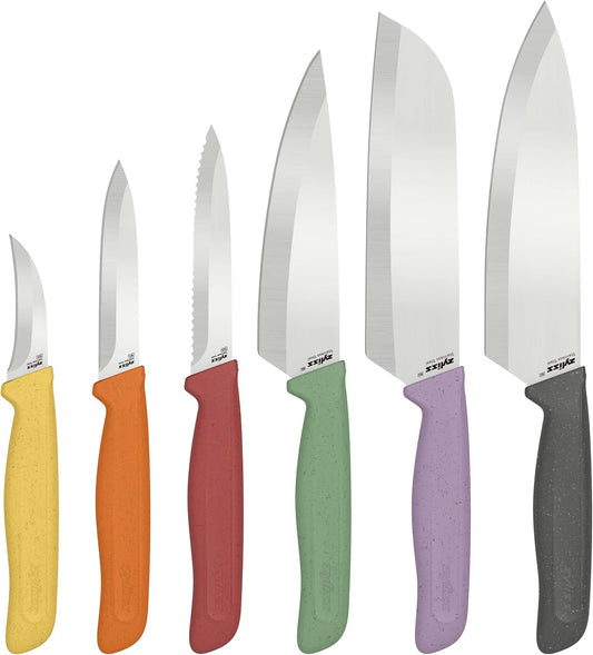 Classic 6 Piece Knife Set, Chef Santoku Utility Paring Serrated & Peeling Knives, Stainless Steel 15° Hollow-Ground Blades, Ergonomic Wheat Straw Handles