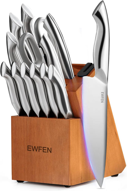 Knife Set, 14-Piece Kitchen Knife Set with Block, German Stainless Steel Knives with Built-in Knife Sharpener, Anti-Slip Sharp Knives Set for Kitchen, Dishwasher Safe, Curved Handle