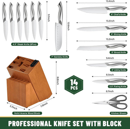 Knife Set, 14-Piece Kitchen Knife Set with Block, German Stainless Steel Knives with Built-in Knife Sharpener, Anti-Slip Sharp Knives Set for Kitchen, Dishwasher Safe, Curved Handle