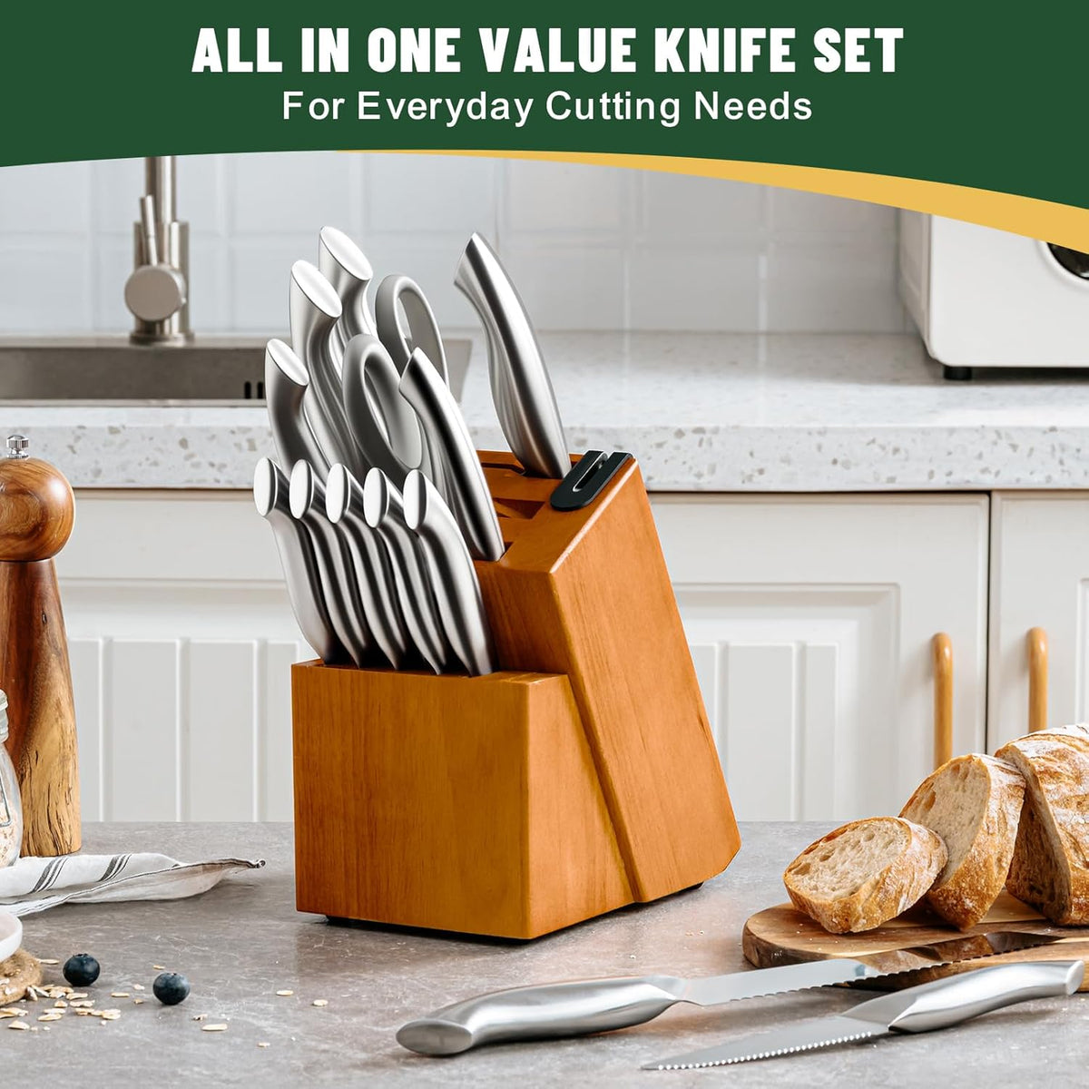 Knife Set, 14-Piece Kitchen Knife Set with Block, German Stainless Steel Knives with Built-in Knife Sharpener, Anti-Slip Sharp Knives Set for Kitchen, Dishwasher Safe, Curved Handle