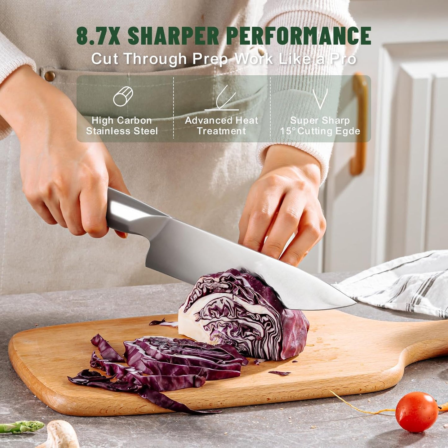 Knife Set, 14-Piece Kitchen Knife Set with Block, German Stainless Steel Knives with Built-in Knife Sharpener, Anti-Slip Sharp Knives Set for Kitchen, Dishwasher Safe, Curved Handle