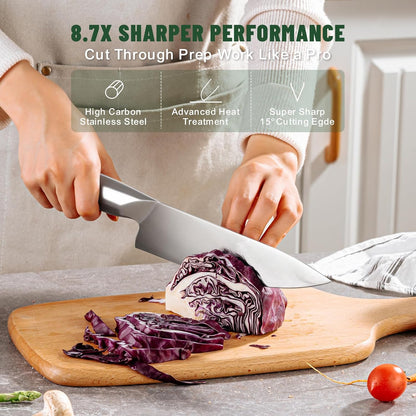 Knife Set, 14-Piece Kitchen Knife Set with Block, German Stainless Steel Knives with Built-in Knife Sharpener, Anti-Slip Sharp Knives Set for Kitchen, Dishwasher Safe, Curved Handle