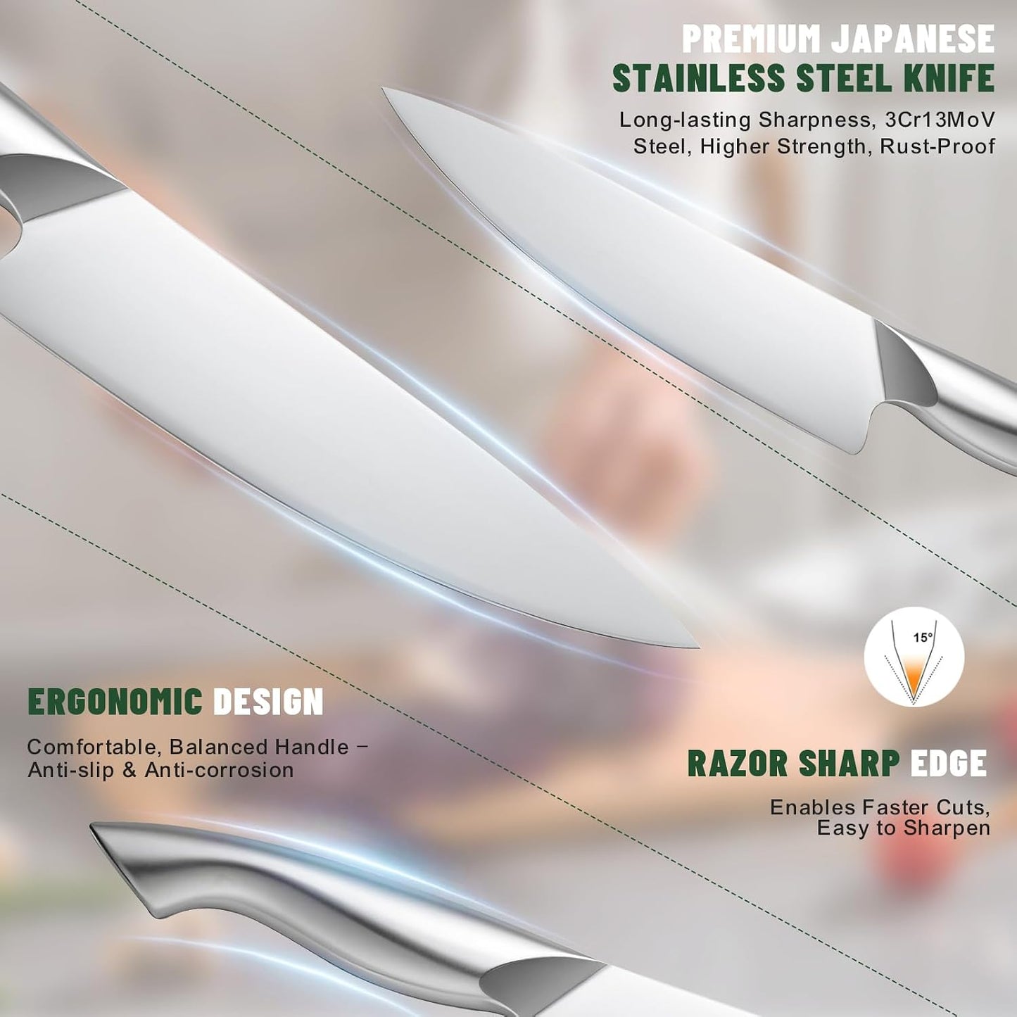 Knife Set, 14-Piece Kitchen Knife Set with Block, German Stainless Steel Knives with Built-in Knife Sharpener, Anti-Slip Sharp Knives Set for Kitchen, Dishwasher Safe, Curved Handle