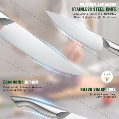 Knife Set, 14-Piece Kitchen Knife Set with Block, German Stainless Steel Knives with Built-in Knife Sharpener, Anti-Slip Sharp Knives Set for Kitchen, Dishwasher Safe, Curved Handle