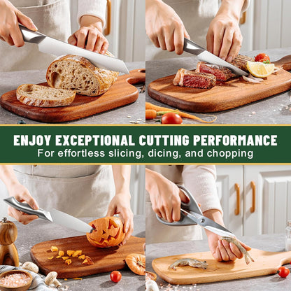 Knife Set, 14-Piece Kitchen Knife Set with Block, German Stainless Steel Knives with Built-in Knife Sharpener, Anti-Slip Sharp Knives Set for Kitchen, Dishwasher Safe, Curved Handle