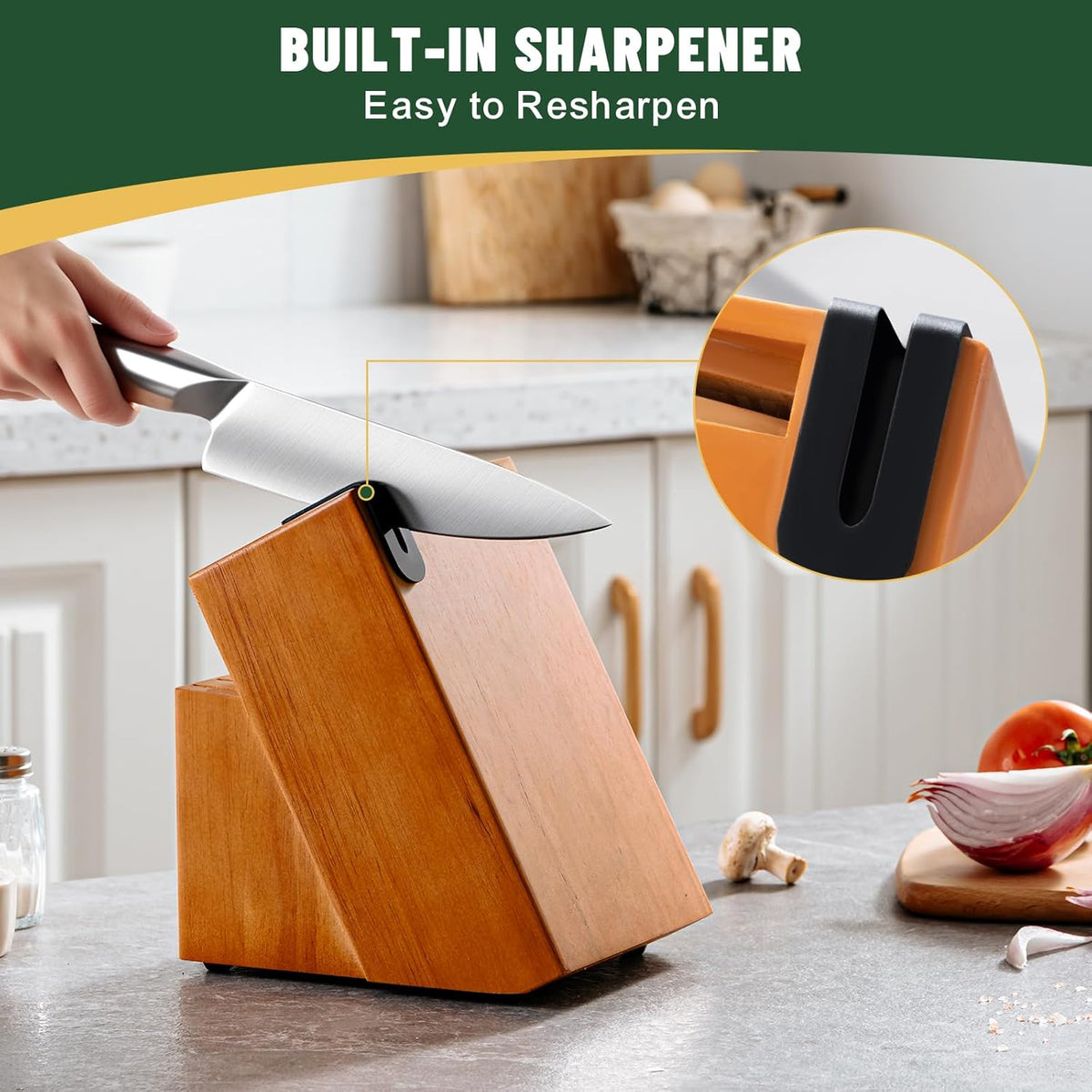 Knife Set, 14-Piece Kitchen Knife Set with Block, German Stainless Steel Knives with Built-in Knife Sharpener, Anti-Slip Sharp Knives Set for Kitchen, Dishwasher Safe, Curved Handle