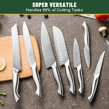 Knife Set, 14-Piece Kitchen Knife Set with Block, German Stainless Steel Knives with Built-in Knife Sharpener, Anti-Slip Sharp Knives Set for Kitchen, Dishwasher Safe, Curved Handle