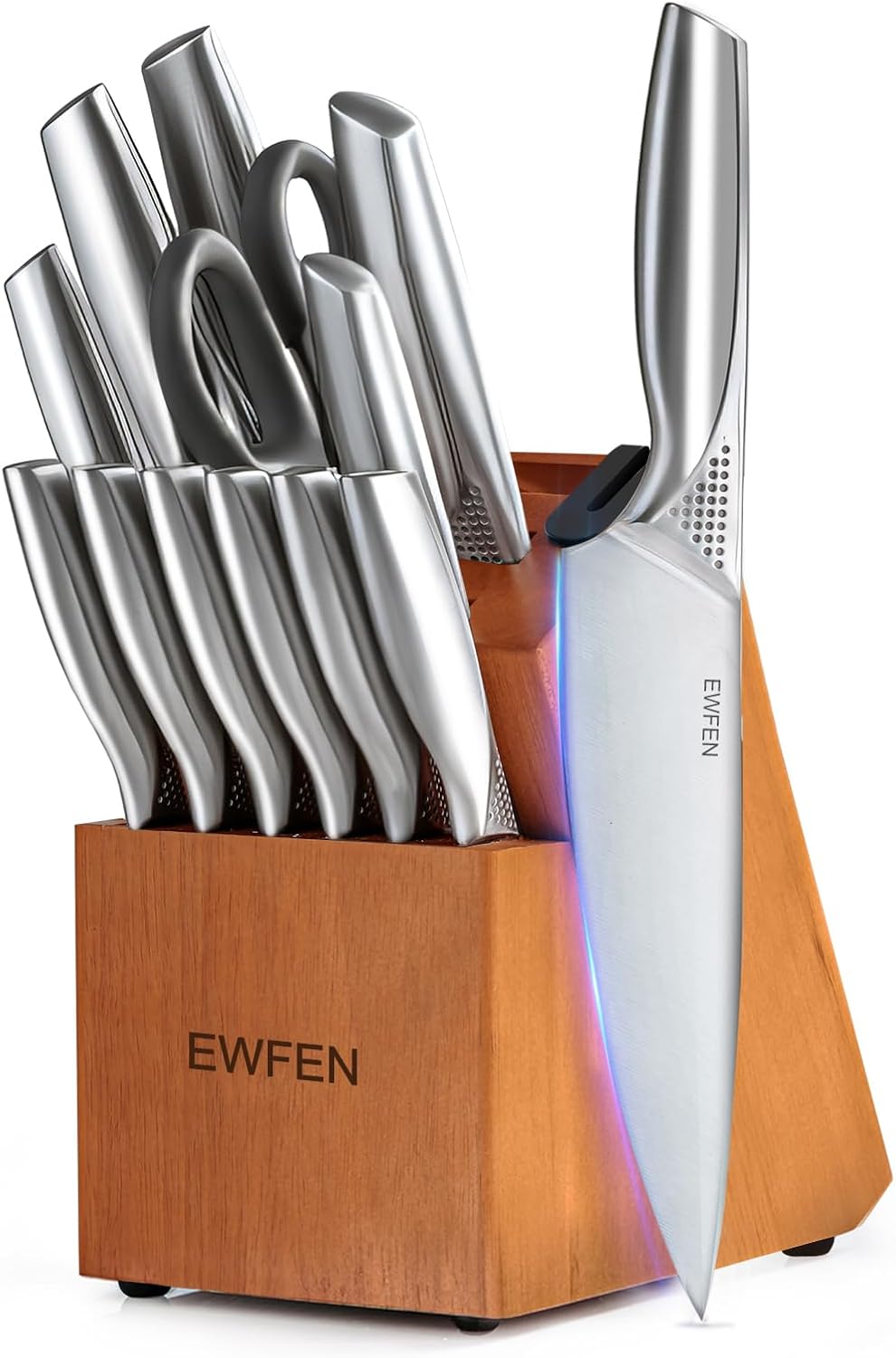Knife Set, 14-Piece Kitchen Knife Set with Block, German Stainless Steel Knives with Built-in Knife Sharpener, Anti-Slip Sharp Knives Set for Kitchen, Dishwasher Safe, Curved Handle