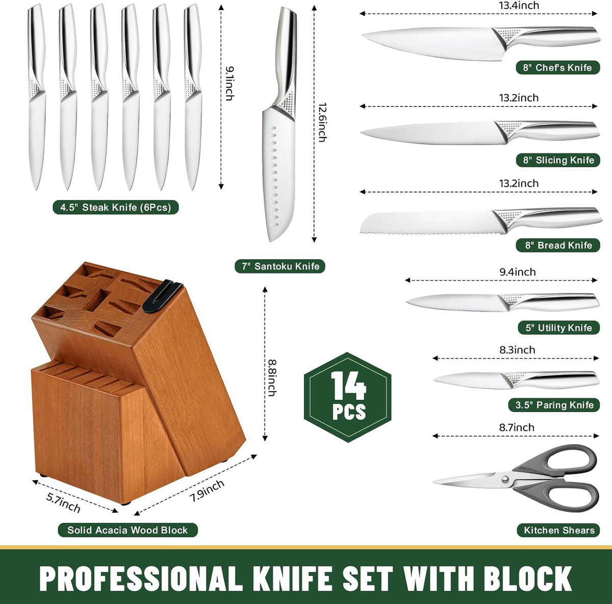 Knife Set, 14-Piece Kitchen Knife Set with Block, German Stainless Steel Knives with Built-in Knife Sharpener, Anti-Slip Sharp Knives Set for Kitchen, Dishwasher Safe, Curved Handle