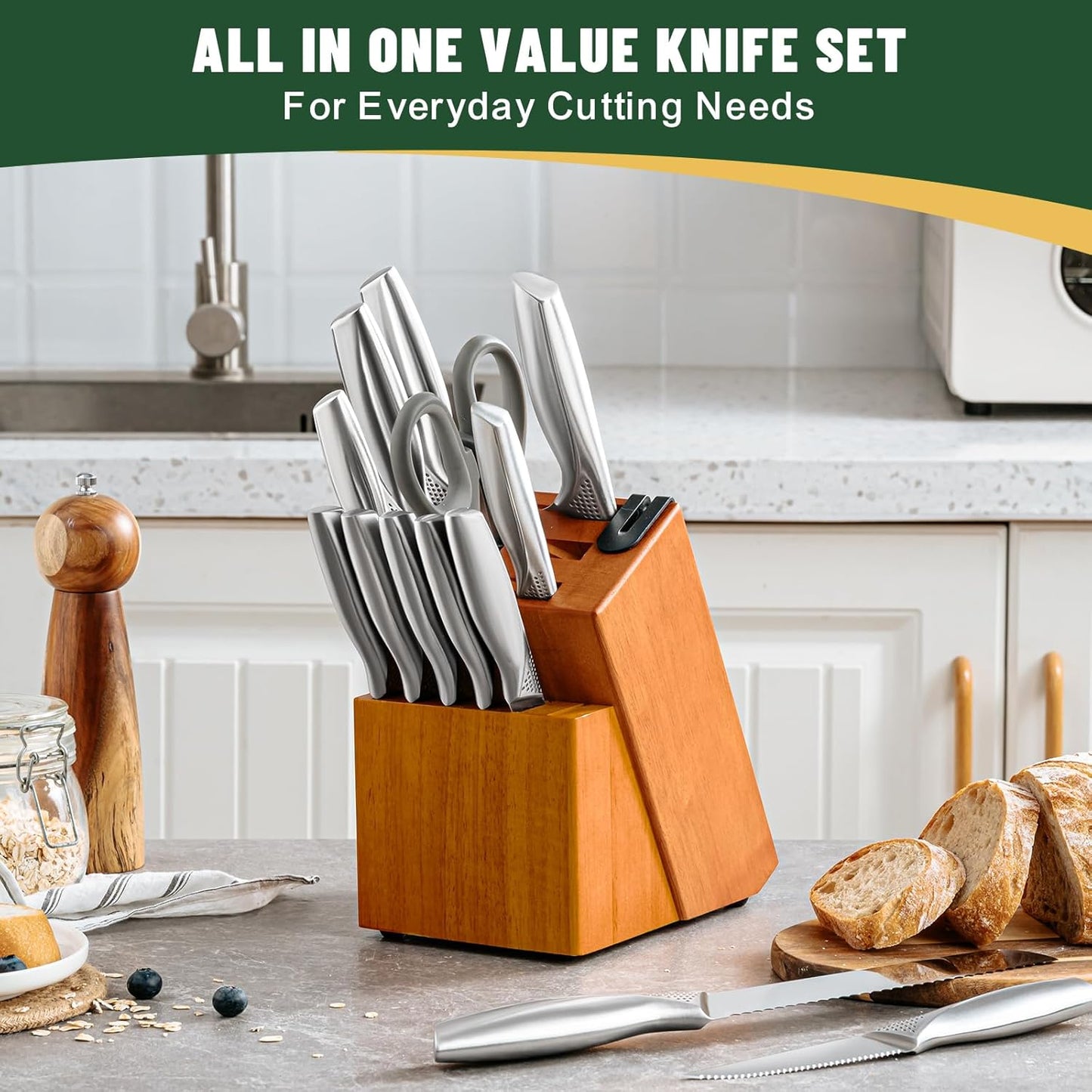 Knife Set, 14-Piece Kitchen Knife Set with Block, German Stainless Steel Knives with Built-in Knife Sharpener, Anti-Slip Sharp Knives Set for Kitchen, Dishwasher Safe, Curved Handle