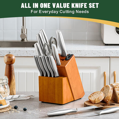 Knife Set, 14-Piece Kitchen Knife Set with Block, German Stainless Steel Knives with Built-in Knife Sharpener, Anti-Slip Sharp Knives Set for Kitchen, Dishwasher Safe, Curved Handle
