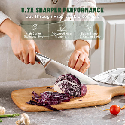 Knife Set, 14-Piece Kitchen Knife Set with Block, German Stainless Steel Knives with Built-in Knife Sharpener, Anti-Slip Sharp Knives Set for Kitchen, Dishwasher Safe, Curved Handle