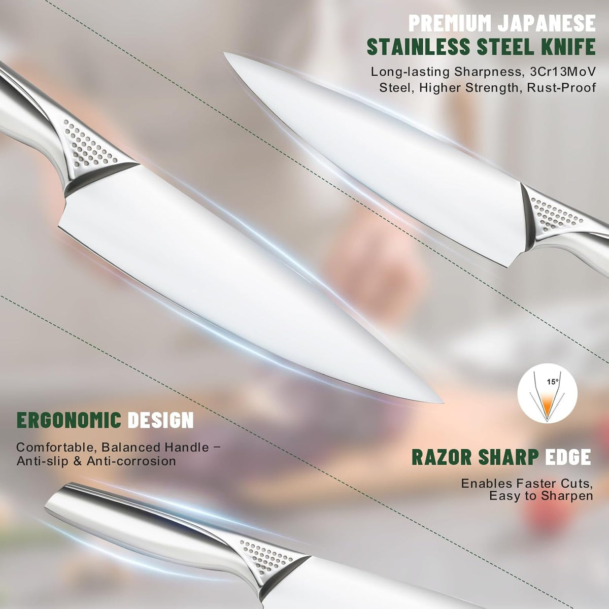 Knife Set, 14-Piece Kitchen Knife Set with Block, German Stainless Steel Knives with Built-in Knife Sharpener, Anti-Slip Sharp Knives Set for Kitchen, Dishwasher Safe, Curved Handle