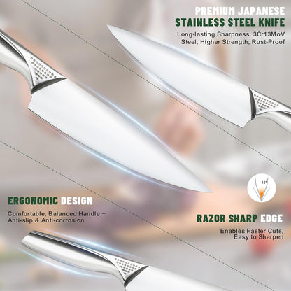 Knife Set, 14-Piece Kitchen Knife Set with Block, German Stainless Steel Knives with Built-in Knife Sharpener, Anti-Slip Sharp Knives Set for Kitchen, Dishwasher Safe, Curved Handle