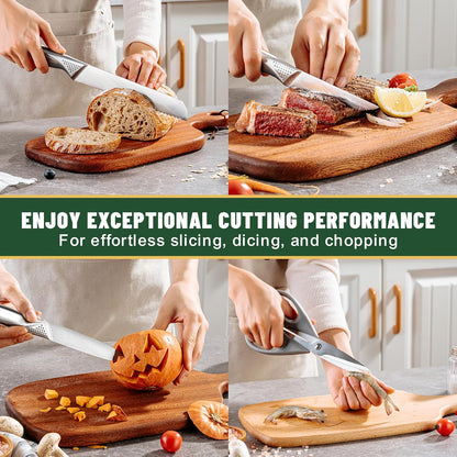 Knife Set, 14-Piece Kitchen Knife Set with Block, German Stainless Steel Knives with Built-in Knife Sharpener, Anti-Slip Sharp Knives Set for Kitchen, Dishwasher Safe, Curved Handle