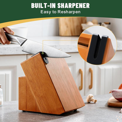 Knife Set, 14-Piece Kitchen Knife Set with Block, German Stainless Steel Knives with Built-in Knife Sharpener, Anti-Slip Sharp Knives Set for Kitchen, Dishwasher Safe, Curved Handle