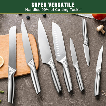 Knife Set, 14-Piece Kitchen Knife Set with Block, German Stainless Steel Knives with Built-in Knife Sharpener, Anti-Slip Sharp Knives Set for Kitchen, Dishwasher Safe, Curved Handle