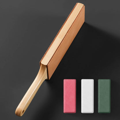 Oversize Double Sided Leather Strop Kit(3" Knife Stropping Leather）with Ergonomic Handle - Knife Strop for Sharpening Knives, Wood Carving Chisels, Buffing Compound Included