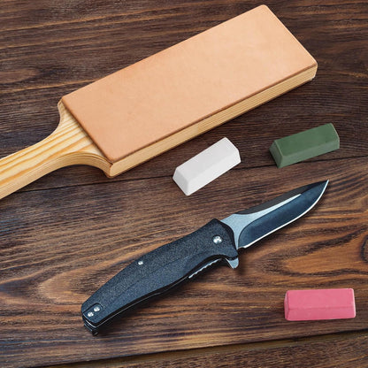 Oversize Double Sided Leather Strop Kit(3" Knife Stropping Leather）with Ergonomic Handle - Knife Strop for Sharpening Knives, Wood Carving Chisels, Buffing Compound Included