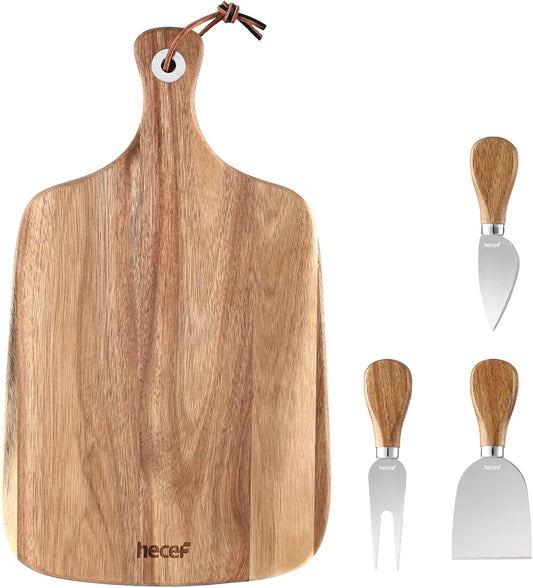 Upgrade Bigger Cheese Board set of 4, a Acacia Wood Cheese Plate and 4 Pcs Knives, Charcuterie Platter Serving Tray for Appetizers, Feast, Housewarming, Cheese Serving