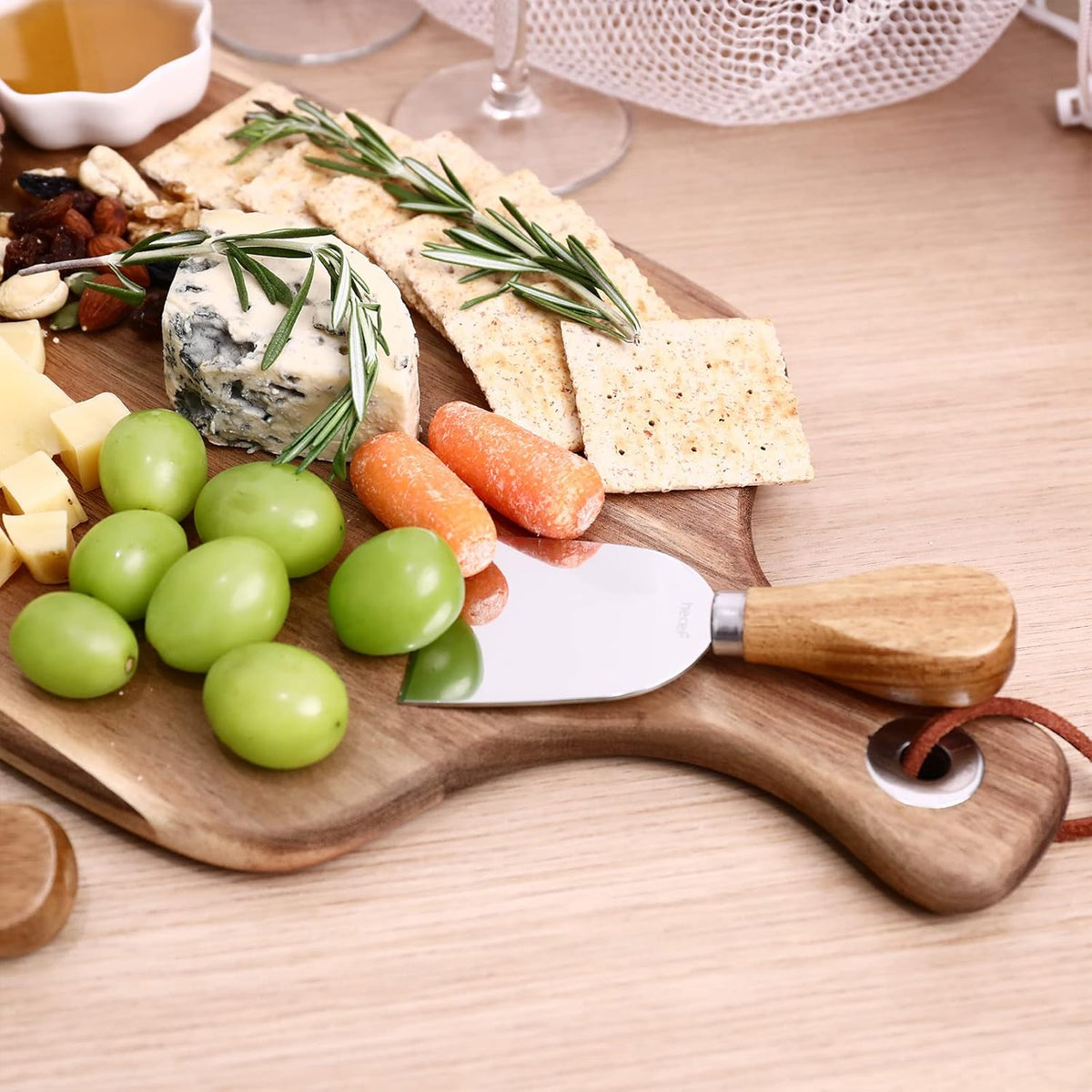 Upgrade Bigger Cheese Board set of 4, a Acacia Wood Cheese Plate and 4 Pcs Knives, Charcuterie Platter Serving Tray for Appetizers, Feast, Housewarming, Cheese Serving