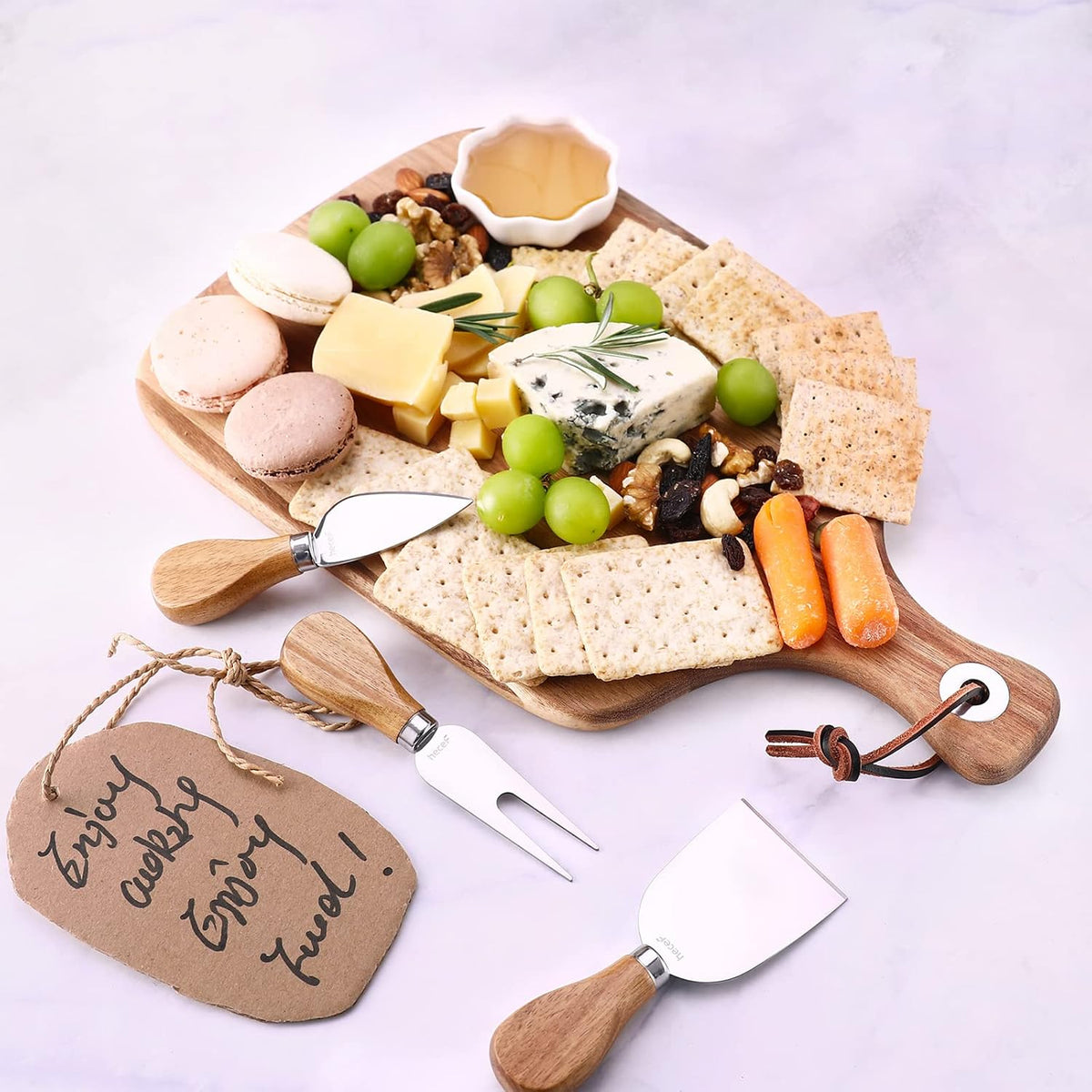 Upgrade Bigger Cheese Board set of 4, a Acacia Wood Cheese Plate and 4 Pcs Knives, Charcuterie Platter Serving Tray for Appetizers, Feast, Housewarming, Cheese Serving