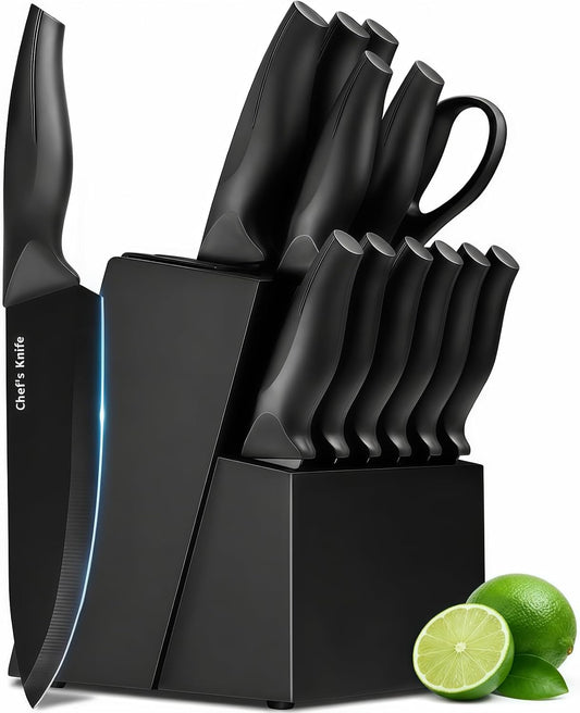 Knife Set, 14 Pieces Kitchen Knife Set, High Carbon German Stainless Steel, Dishwasher Safe Cutlery with Built-in Knife Sharpener, Black