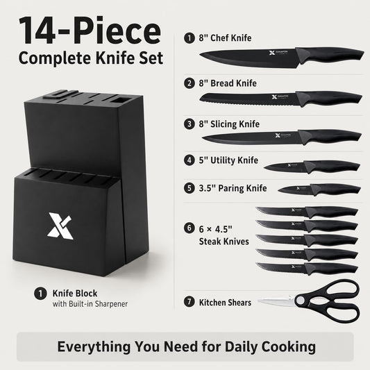 Knife Set, 14 Pieces Kitchen Knife Set, High Carbon German Stainless Steel, Dishwasher Safe Cutlery with Built-in Knife Sharpener, Black