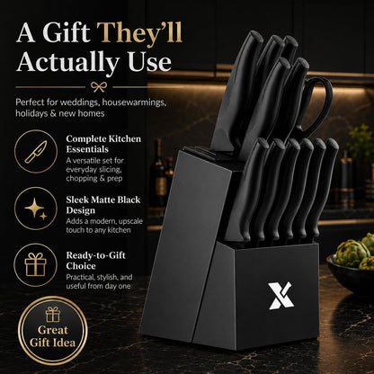 Knife Set, 14 Pieces Kitchen Knife Set, High Carbon German Stainless Steel, Dishwasher Safe Cutlery with Built-in Knife Sharpener, Black
