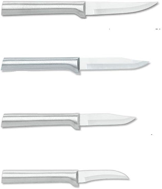 4-Piece Paring Knife Set, Silver Handle | Granny, Peeling, Regular, and Heavy Duty Paring Knife Set, Stainless Steel Blades, Silver Cast Aluminum Handle