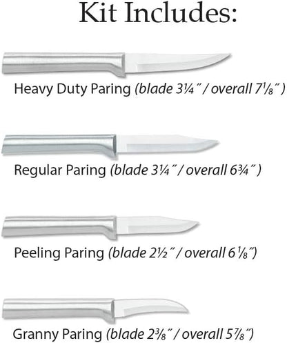 4-Piece Paring Knife Set, Silver Handle | Granny, Peeling, Regular, and Heavy Duty Paring Knife Set, Stainless Steel Blades, Silver Cast Aluminum Handle
