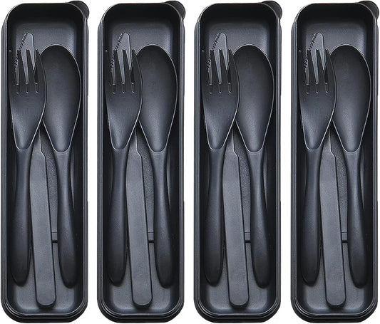 Reusable Travel Utensils Set with Case, 4 Sets Wheat Straw Portable Plastic Fork Spoons Knife Cutlery, Camping Eco-Friendly BPA Free Tableware for Kids Adults Work Picnic or Daily Use (Black)
