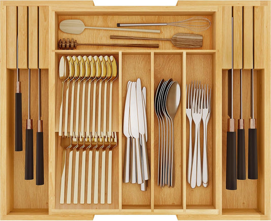 Silverware Organizer Kitchen Drawer Organizer, Expandable Utensil Drawer Organizer, with 2 Knife Block, Bamboo Cutlery Tray with Divider for Flatware and Kitchen Utensils, Natural YL06TL01
