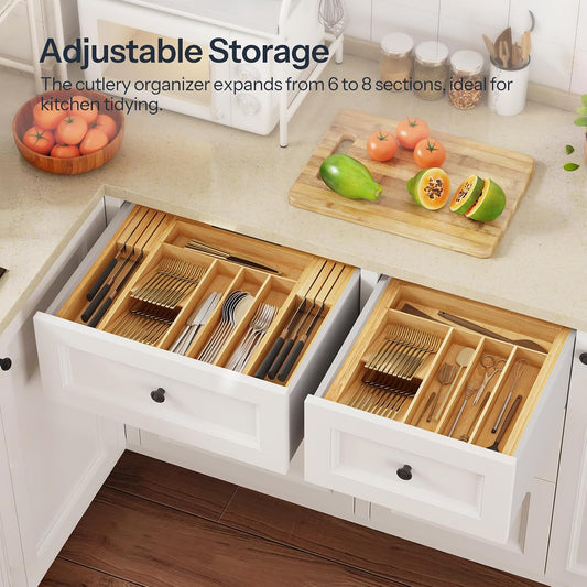 Silverware Organizer Kitchen Drawer Organizer, Expandable Utensil Drawer Organizer, with 2 Knife Block, Bamboo Cutlery Tray with Divider for Flatware and Kitchen Utensils, Natural YL06TL01