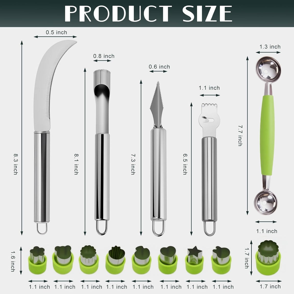 14Pcs Stainless Steel Fruits Vegetable Carving Tools Set | Melon Baller Scoop Set, Fruit Cutters Shapes, Cantaloupe Cutter Slicer Tool Piranha Spiral Cutter and V-Tool for Sculpting