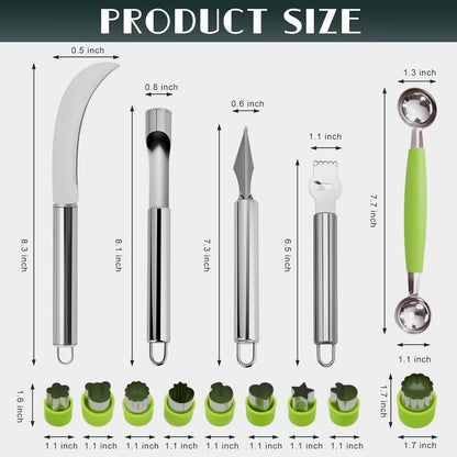 14Pcs Stainless Steel Fruits Vegetable Carving Tools Set | Melon Baller Scoop Set, Fruit Cutters Shapes, Cantaloupe Cutter Slicer Tool Piranha Spiral Cutter and V-Tool for Sculpting