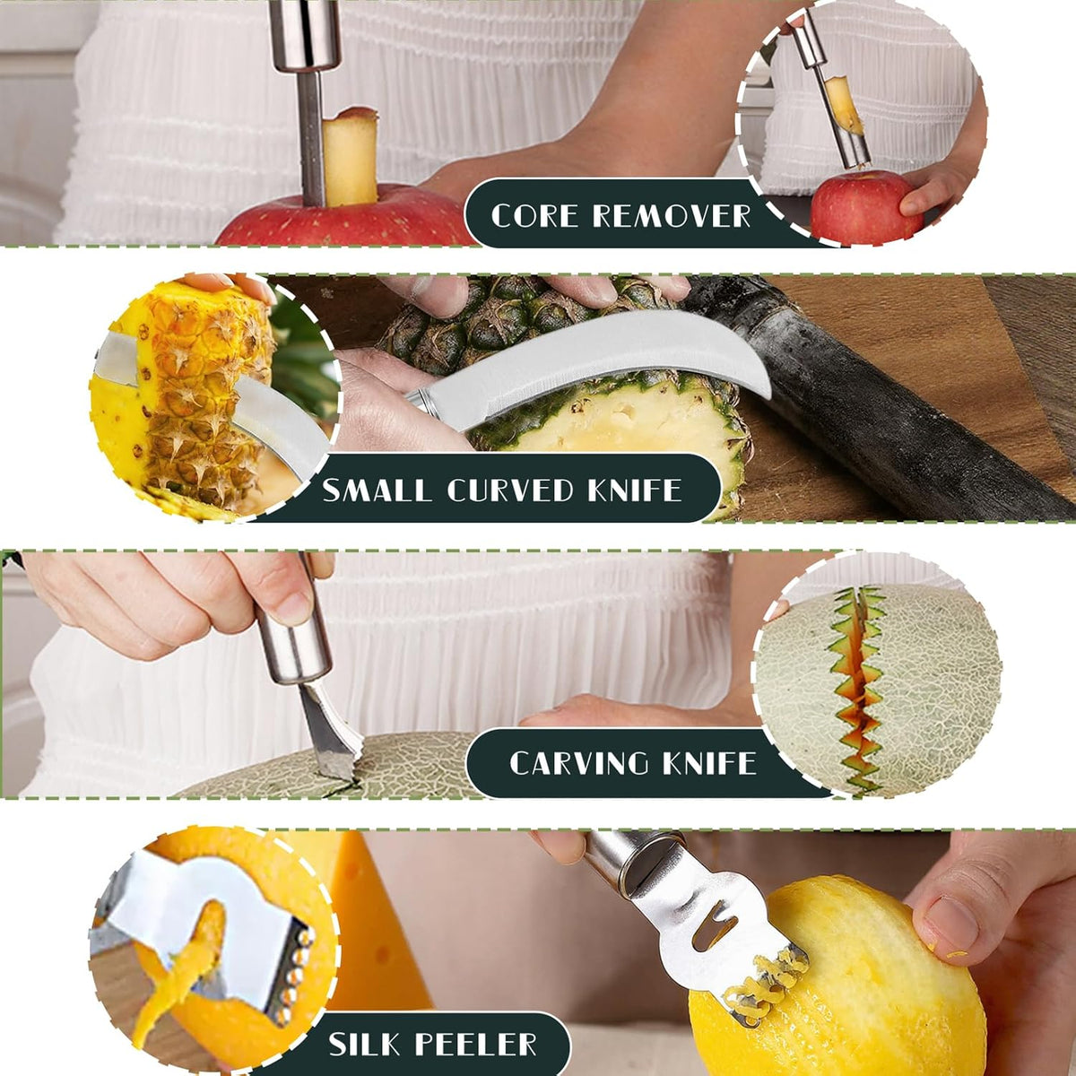 14Pcs Stainless Steel Fruits Vegetable Carving Tools Set | Melon Baller Scoop Set, Fruit Cutters Shapes, Cantaloupe Cutter Slicer Tool Piranha Spiral Cutter and V-Tool for Sculpting