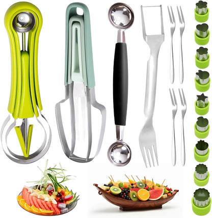 14Pcs Stainless Steel Fruits Vegetable Carving Tools Set | Melon Baller Scoop Set, Fruit Cutters Shapes, Cantaloupe Cutter Slicer Tool Piranha Spiral Cutter and V-Tool for Sculpting