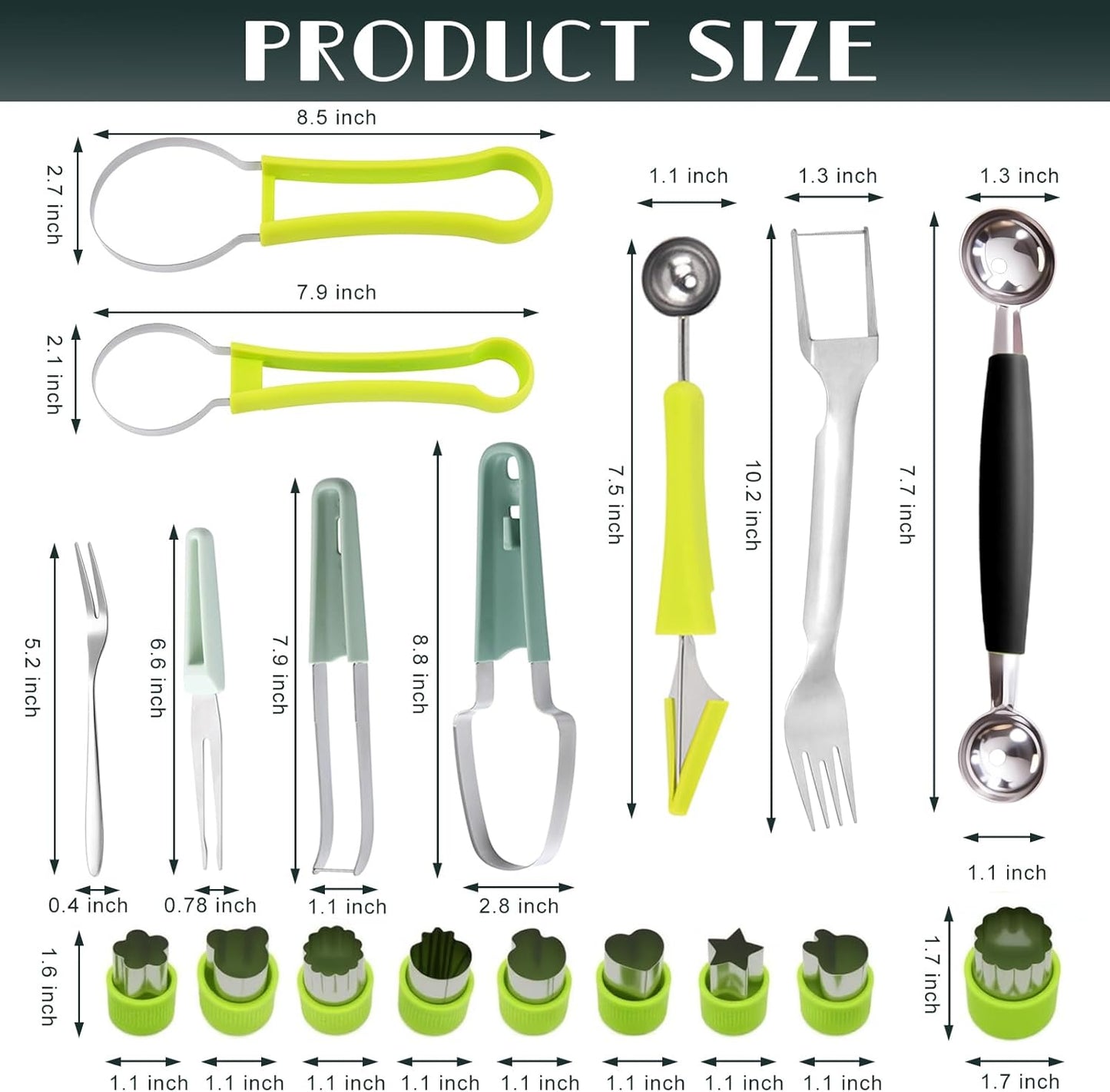 14Pcs Stainless Steel Fruits Vegetable Carving Tools Set | Melon Baller Scoop Set, Fruit Cutters Shapes, Cantaloupe Cutter Slicer Tool Piranha Spiral Cutter and V-Tool for Sculpting