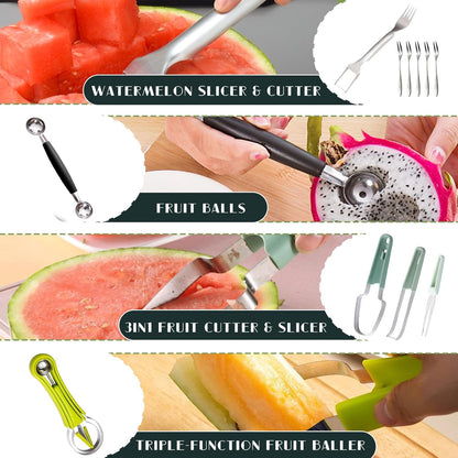 14Pcs Stainless Steel Fruits Vegetable Carving Tools Set | Melon Baller Scoop Set, Fruit Cutters Shapes, Cantaloupe Cutter Slicer Tool Piranha Spiral Cutter and V-Tool for Sculpting