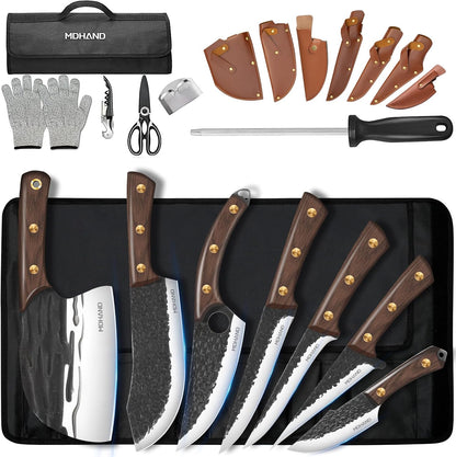 Butcher Knife Set, Viking Kitchen Serbian Chef Knife Set with Bag | Hand Forged Meat Cleaver, Ergonomic Handle, High Carbon Steel Brisket Knife for Home Outdoor Camping BBQ, Gifts for Men Women