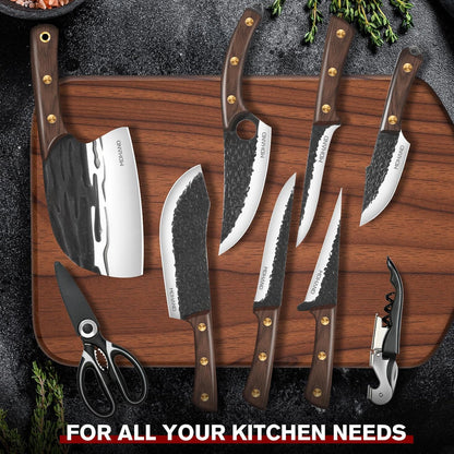 Butcher Knife Set, Viking Kitchen Serbian Chef Knife Set with Bag | Hand Forged Meat Cleaver, Ergonomic Handle, High Carbon Steel Brisket Knife for Home Outdoor Camping BBQ, Gifts for Men Women