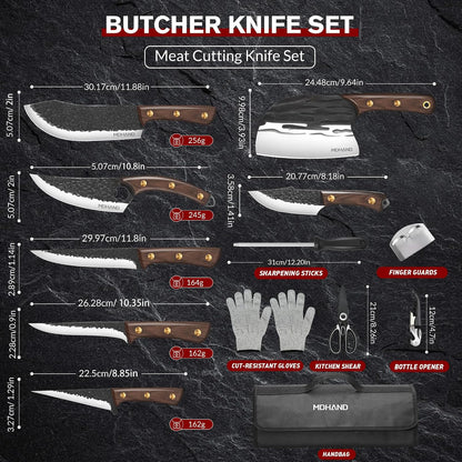 Butcher Knife Set, Viking Kitchen Serbian Chef Knife Set with Bag | Hand Forged Meat Cleaver, Ergonomic Handle, High Carbon Steel Brisket Knife for Home Outdoor Camping BBQ, Gifts for Men Women