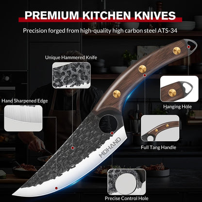 Butcher Knife Set, Viking Kitchen Serbian Chef Knife Set with Bag | Hand Forged Meat Cleaver, Ergonomic Handle, High Carbon Steel Brisket Knife for Home Outdoor Camping BBQ, Gifts for Men Women