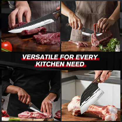 Butcher Knife Set, Viking Kitchen Serbian Chef Knife Set with Bag | Hand Forged Meat Cleaver, Ergonomic Handle, High Carbon Steel Brisket Knife for Home Outdoor Camping BBQ, Gifts for Men Women