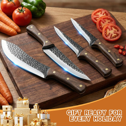 Butcher Knife Set, Viking Kitchen Serbian Chef Knife Set with Bag | Hand Forged Meat Cleaver, Ergonomic Handle, High Carbon Steel Brisket Knife for Home Outdoor Camping BBQ, Gifts for Men Women
