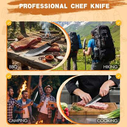 Butcher Knife Set, Viking Kitchen Serbian Chef Knife Set with Bag | Hand Forged Meat Cleaver, Ergonomic Handle, High Carbon Steel Brisket Knife for Home Outdoor Camping BBQ, Gifts for Men Women